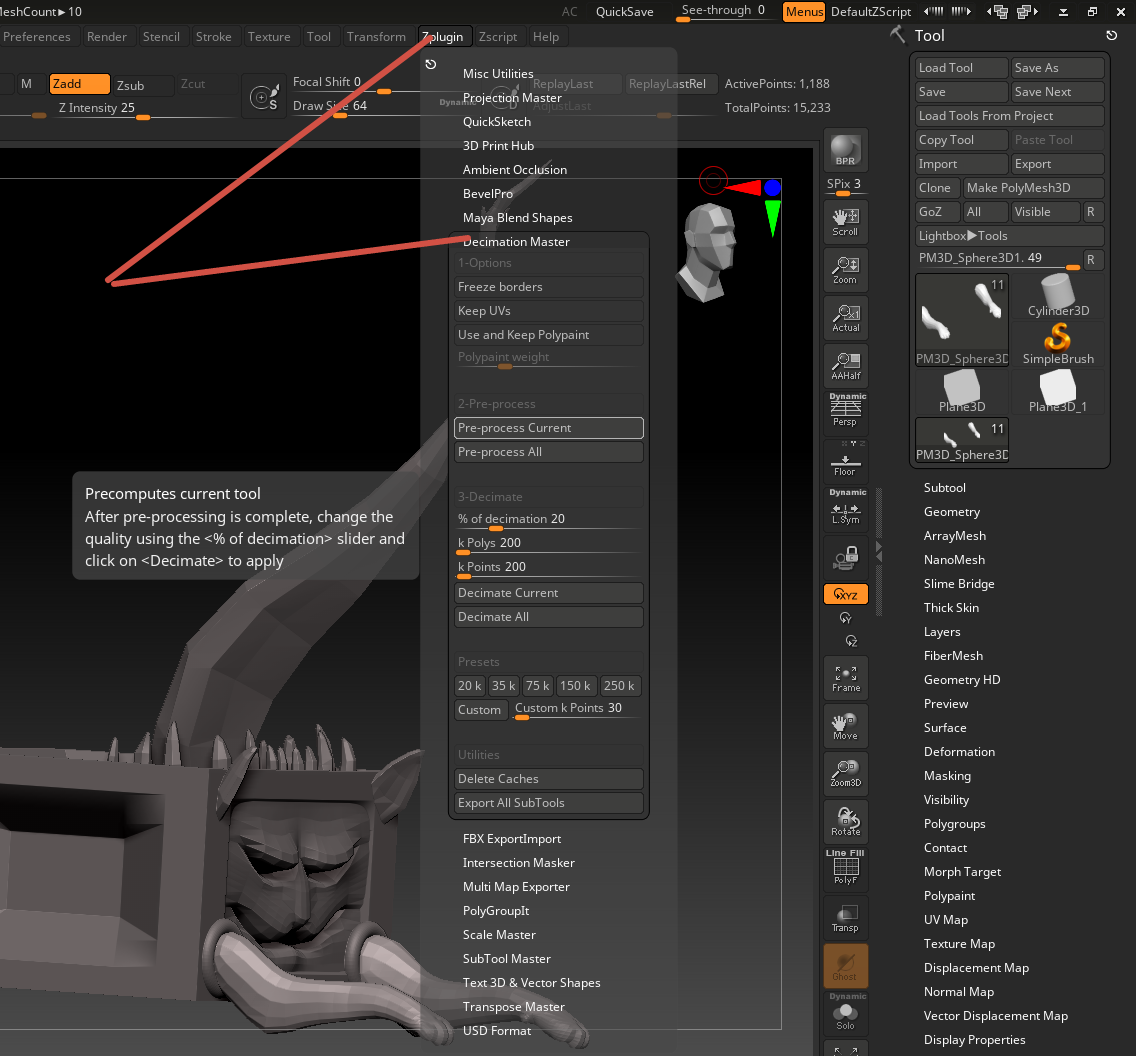 Интерфейс Decimation Master в ZBrush с ползунком для регулировки плотности треугольников