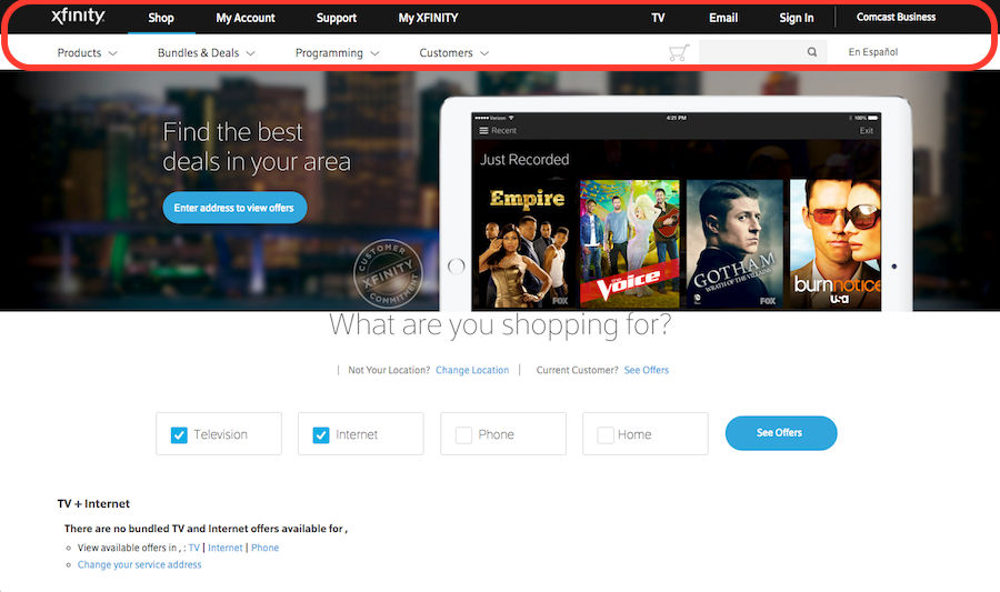 Пример несоответствия навигационных меню на сайте Xfinity
