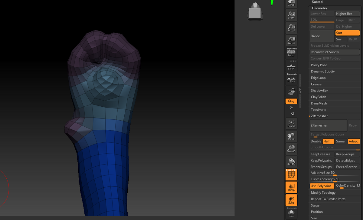 Интерфейс ZRemesher в ZBrush с полипаентом для контроля плотности полигонов при ретопологии