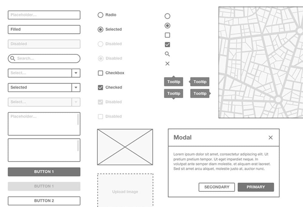 Basic Wireframe Kit в черно-белом стиле с простыми формами вместо кругов